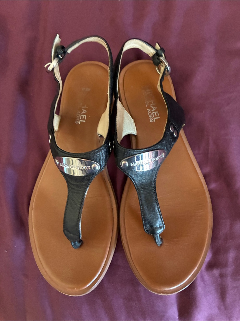 Michael Kors Black Leather T-Strap Sandals with Tan Footbed
